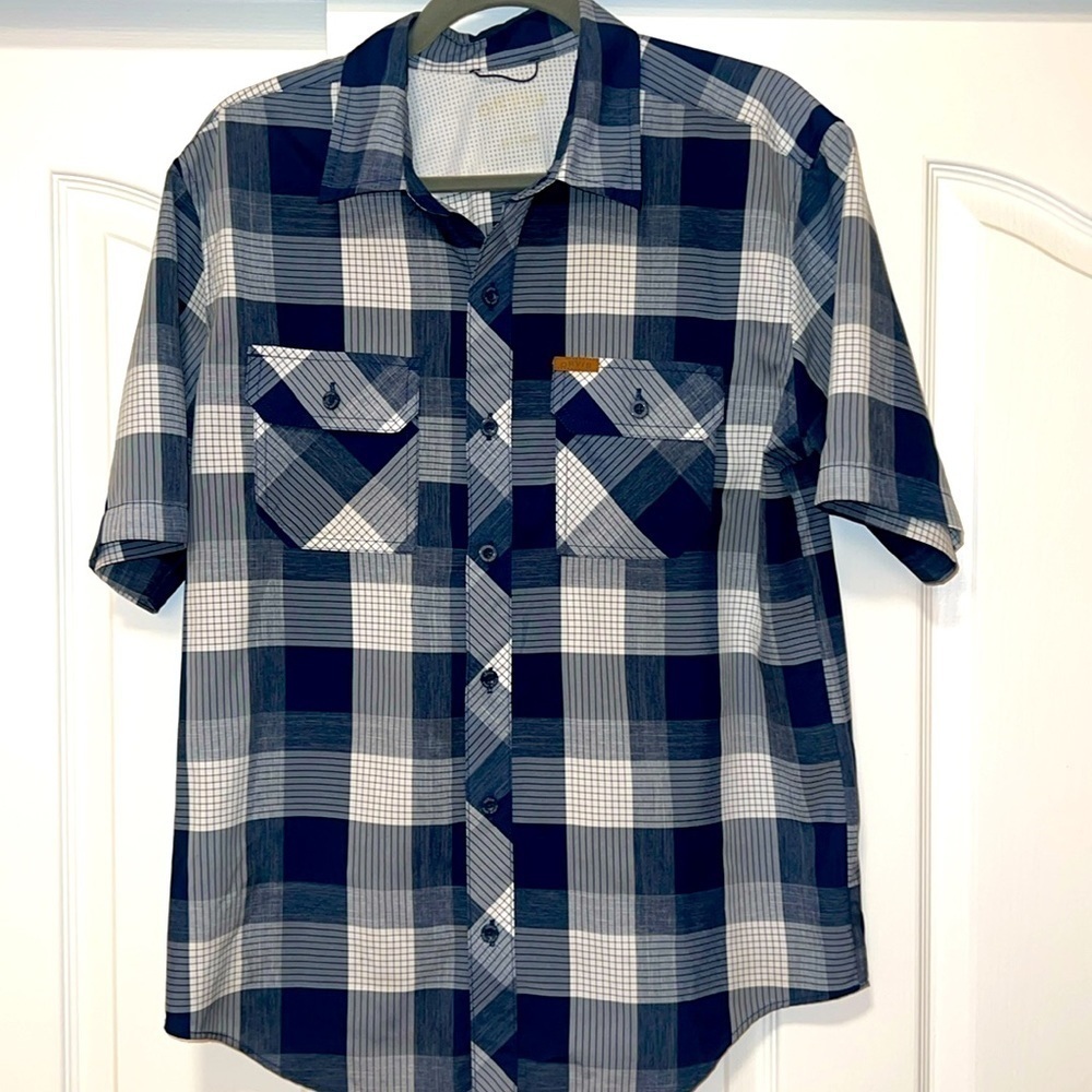 Orvis - Button Front Camp Shirt - Blue White Plaid - Polyester Pockets -Mens Med
